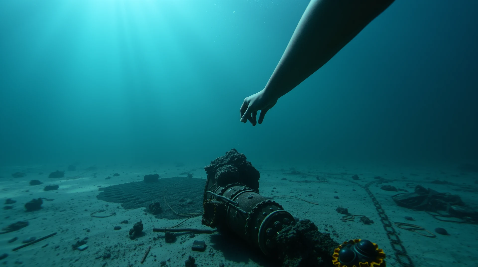 A hand reaches down towards the Antikythera Mechanism, an ancient bronze device resting on the ocean floor, surrounded by marine debris.