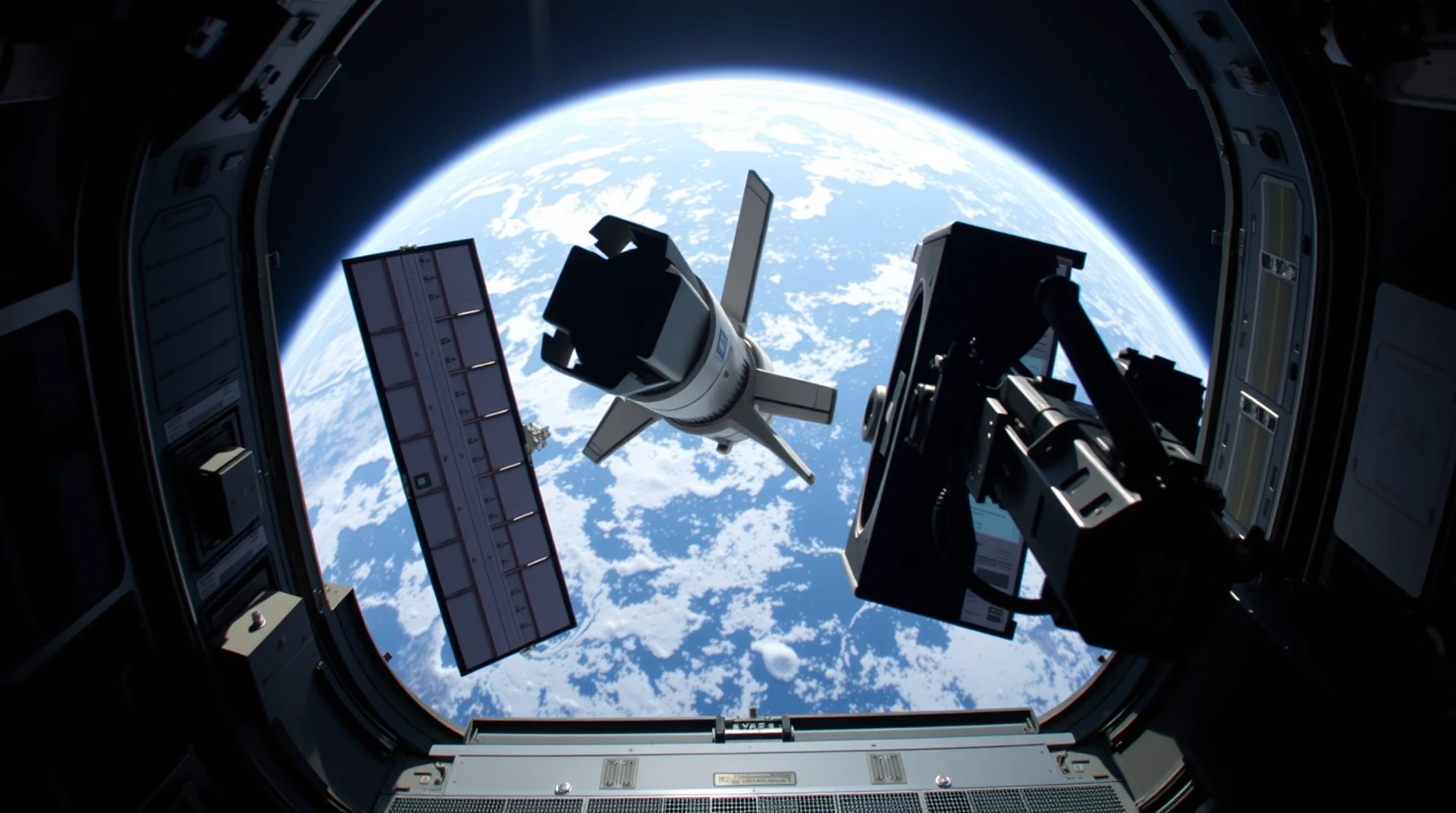 A space shuttle floats above Earth as seen through a circular window on a spacecraft, highlighting the intricate details of the mission's equipment and the vastness of space.