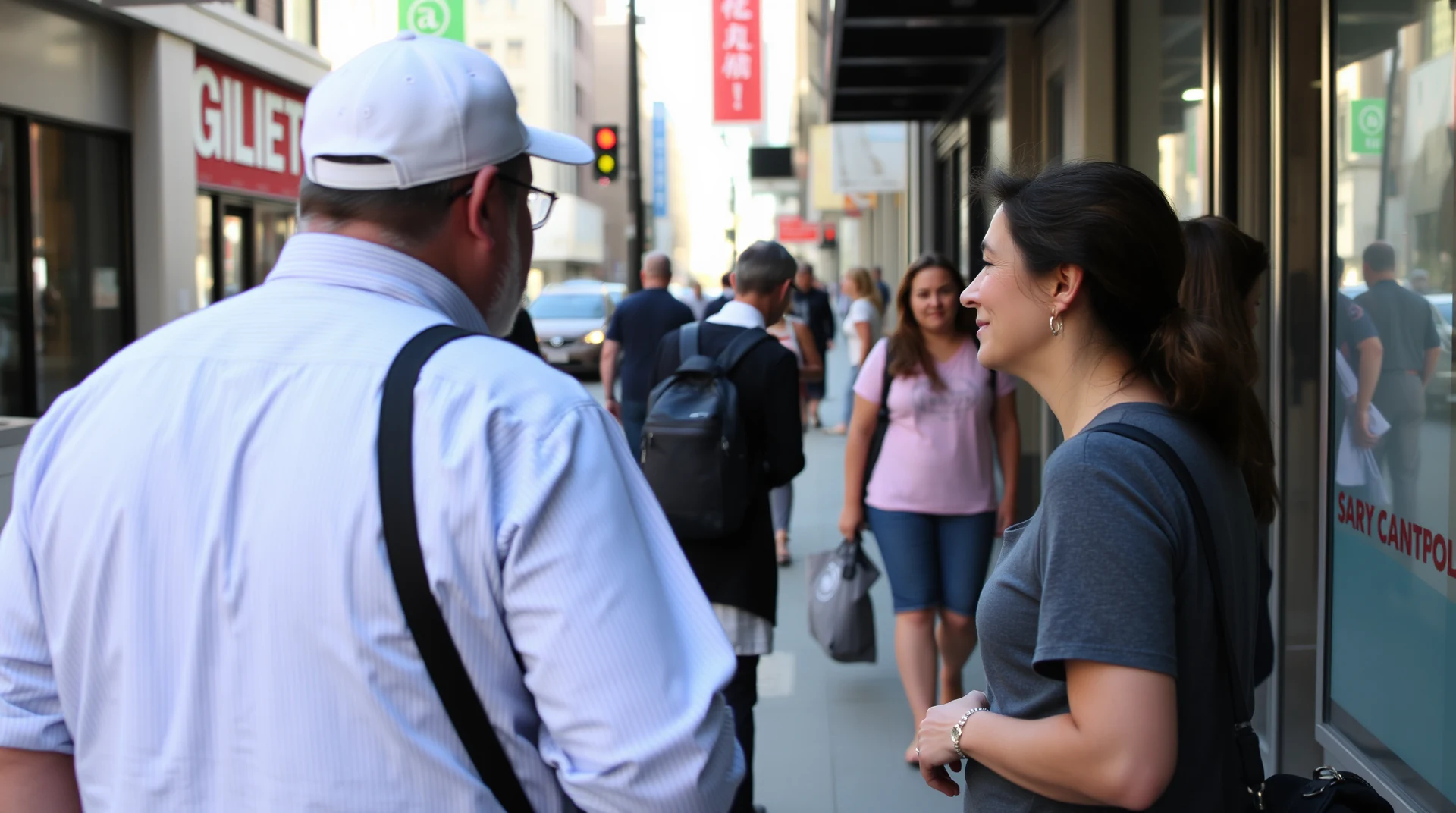 A man and woman stand on a busy city sidewalk, seemingly engaged in conversation, with other pedestrians walking by in the background.