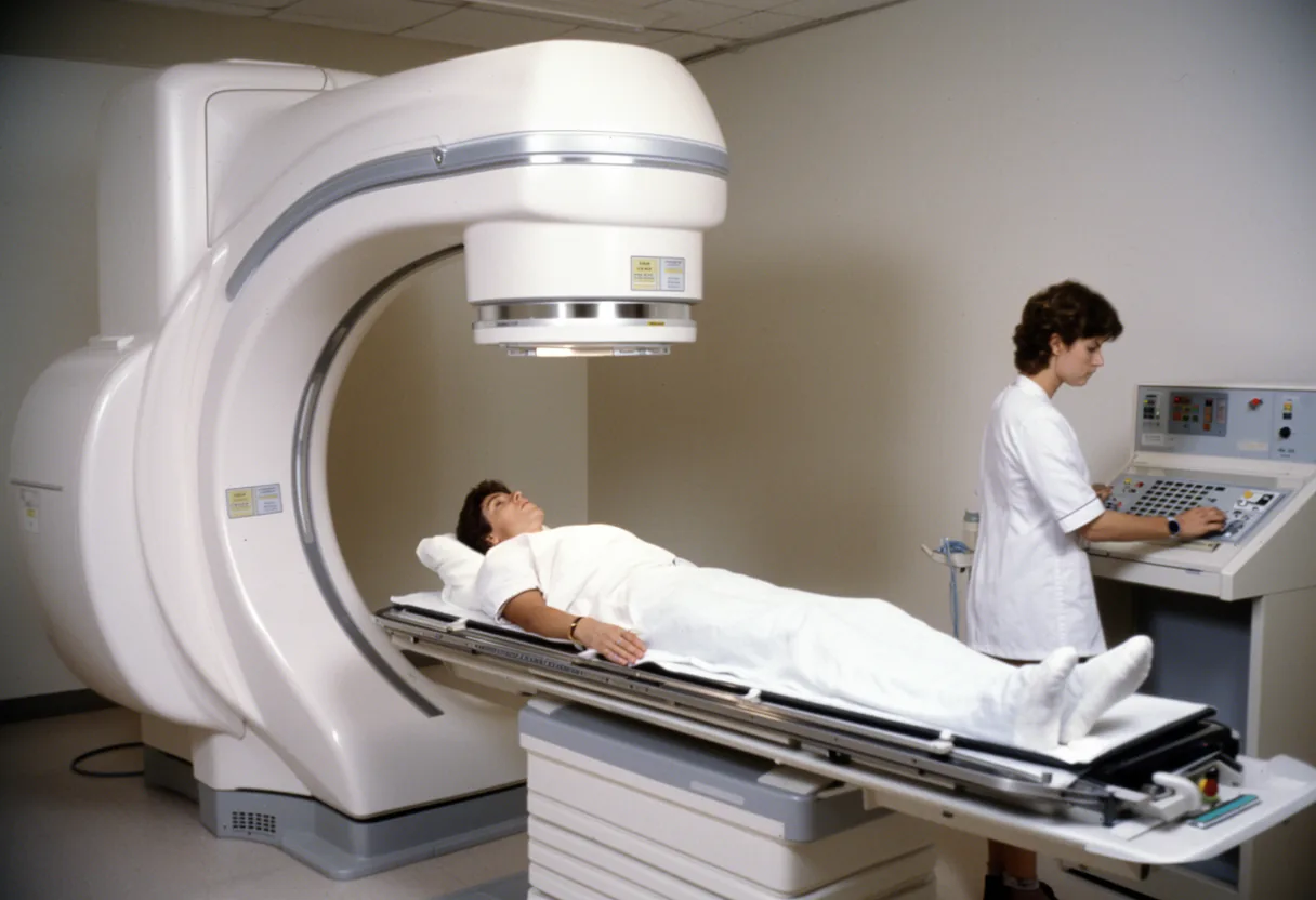 A patient lies on a bed in front of a large white Therac-25 radiation therapy machine, surrounded by medical equipment in a clinical setting.