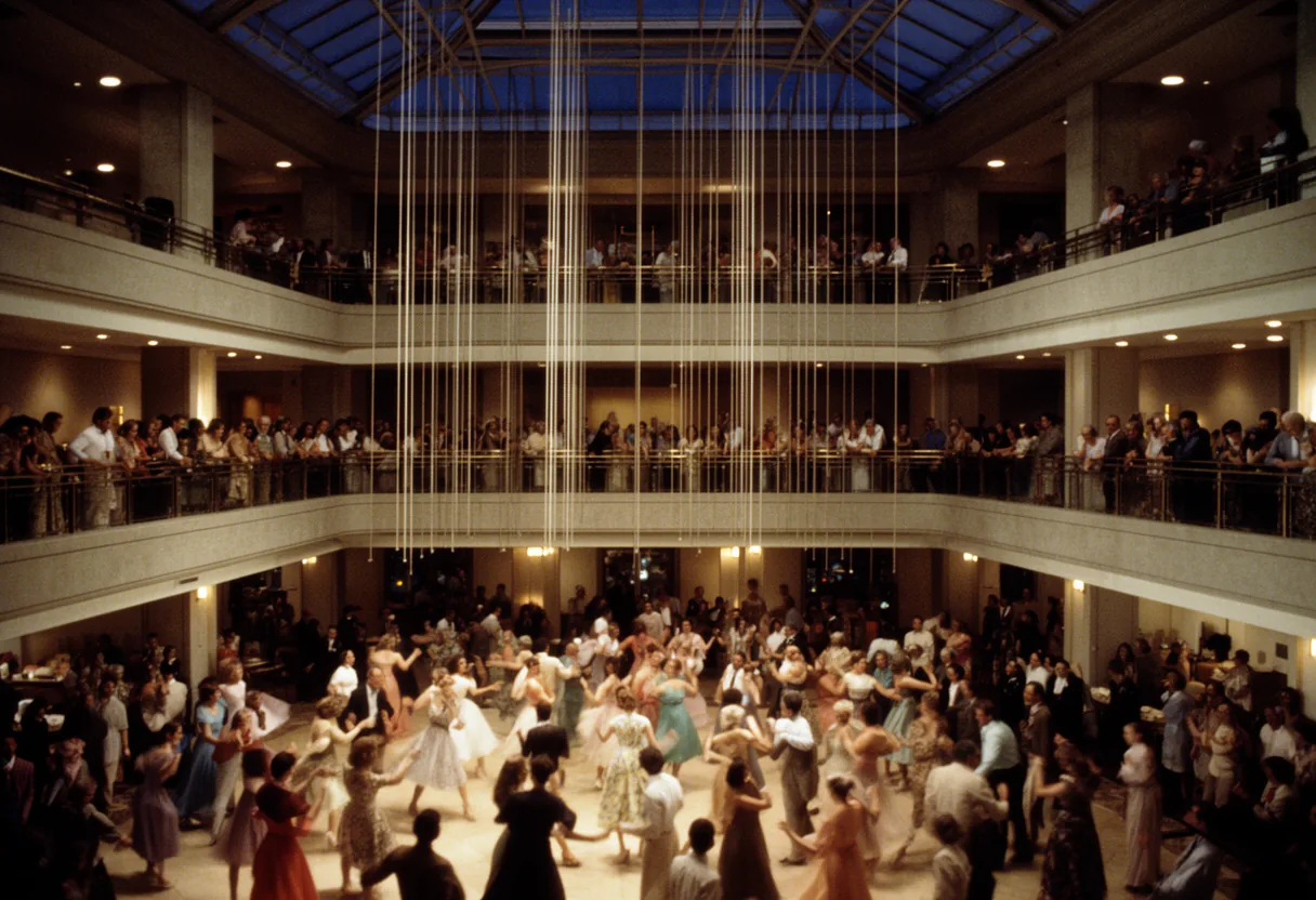 A grand ballroom with multiple levels and chandeliers is filled with people dancing and socializing, illuminated by warm lighting and large windows revealing an urban skyline at dusk.