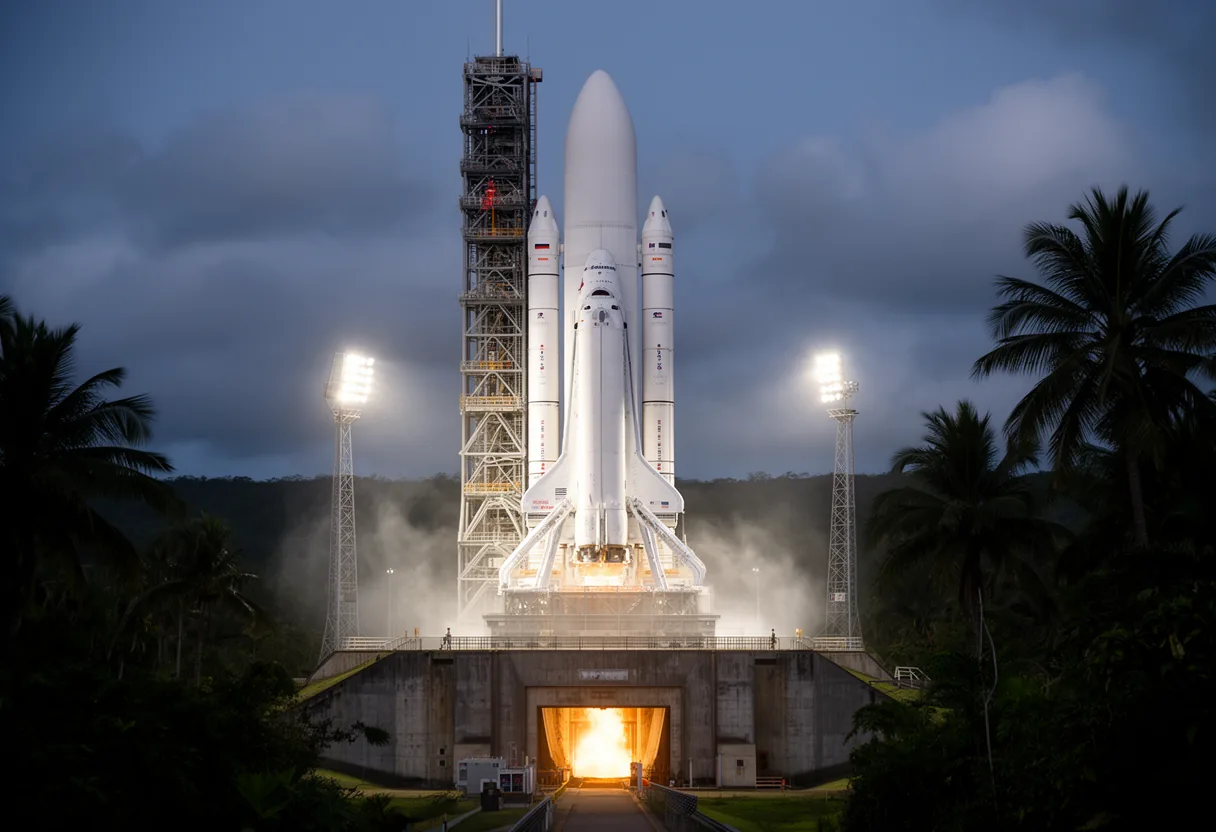 A large rocket stands illuminated on a launch pad under a darkening sky, with faint smoke trails visible in the air.