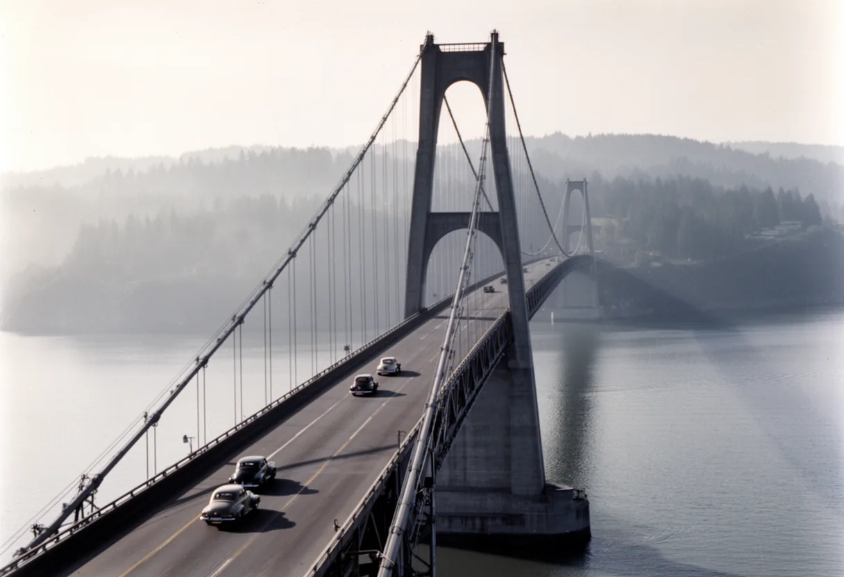A black-and-white photograph captures the Tacoma Narrows Bridge shrouded in fog, with vehicles traveling across its lanes.