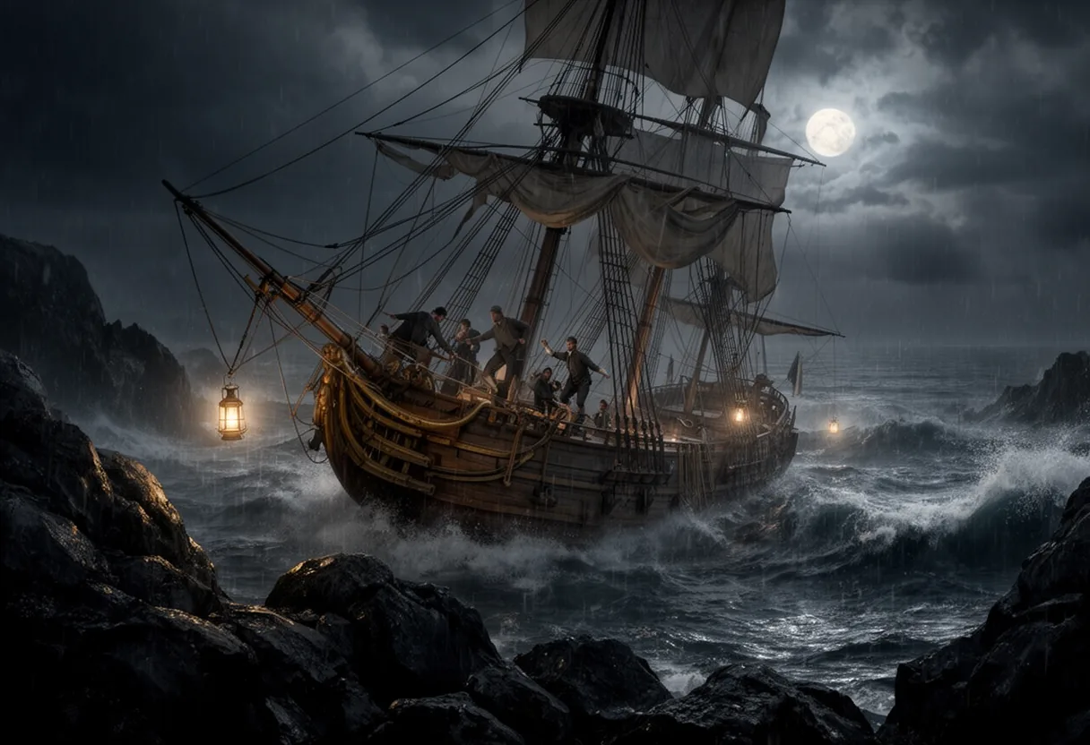 A ship struggles against turbulent waves under a stormy sky, with lightning illuminating the scene, symbolizing the challenges faced by navigators in the 18th century.