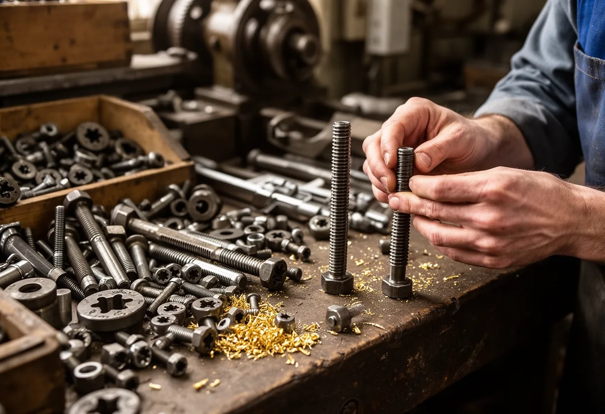 A hand holds a precision screw, surrounded by a collection of screws and nuts, symbolizing Joseph Whitworth's standardized screw thread system from the 1850s.