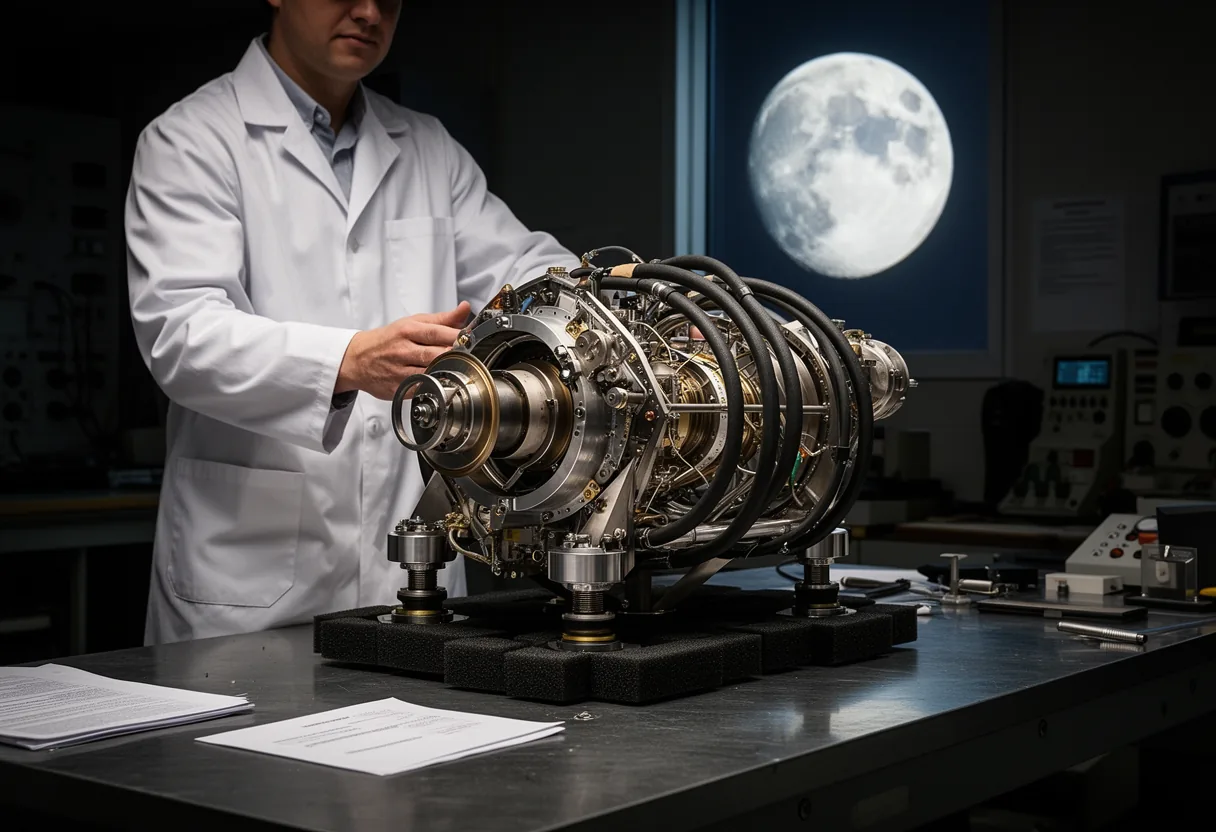A bright light shines over a curved horizon with lines radiating outward, symbolizing the precision of inertial navigation systems used in space exploration.