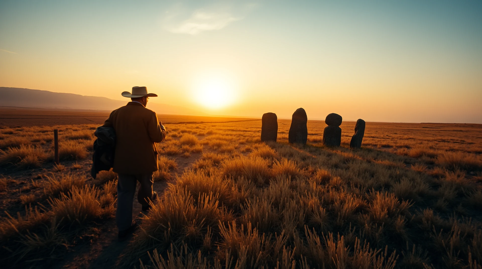 A man in a cowboy hat stands in a field at sunset, facing a group of ancient stone circles, known as Göbekli Tepe, which were raised over 11,000 years ago by pre-farming humans.