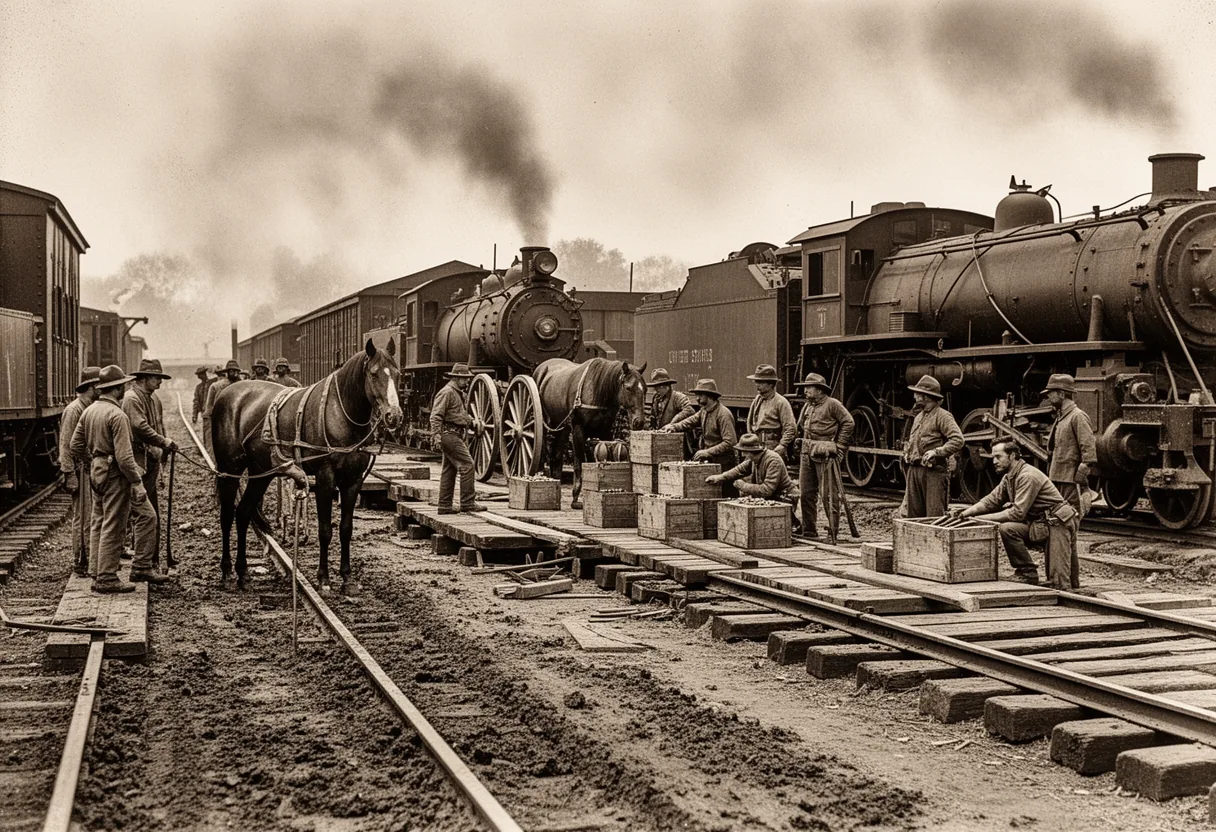 A sepia-toned photograph depicts a bustling scene at a train station where workers in uniform are loading and unloading supplies from a steam locomotive, highlighting the labor-intensive efforts involved in the construction and maintenance of railroad infrastructure during the late 19th century.