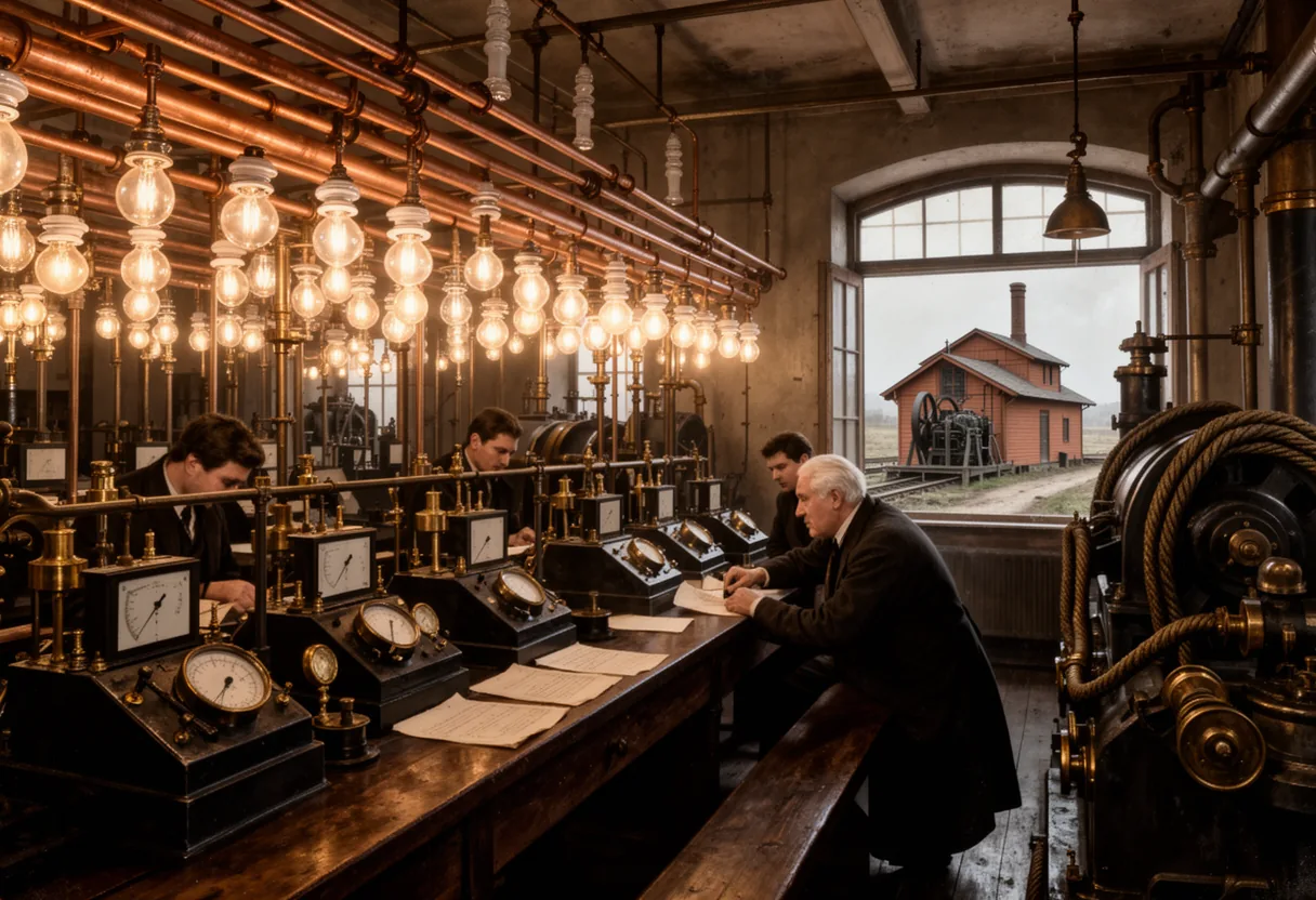 A dimly lit room features multiple illuminated light bulbs, a large window showing an industrial cityscape with smokestacks, and a desk with various items, evoking the historical context of the AC vs DC War between Tesla and Edison.