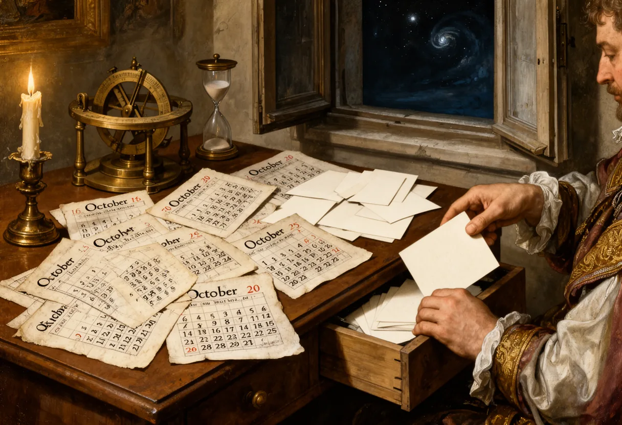 Two paper cutouts display the dates "04" and "15 October," symbolizing the Gregorian calendar reform of 1582 where ten days were removed, leading to the "Battle of the Calendars."