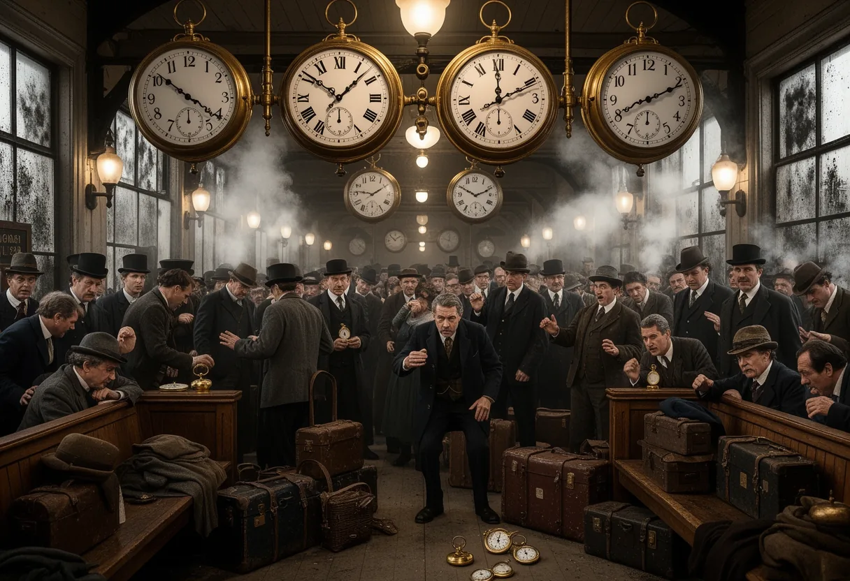A group of men in formal attire stands in front of a wall of large clocks, each labeled with different time zones, illustrating how standardized time was enforced by railroads before 1883.