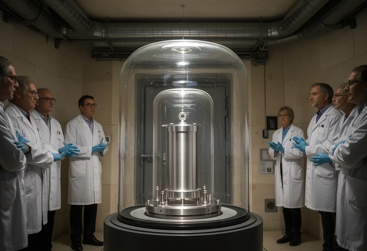 A secure vault contains a globe-like object encased in a glass dome, symbolizing the redefinition of the kilogram in 2019.