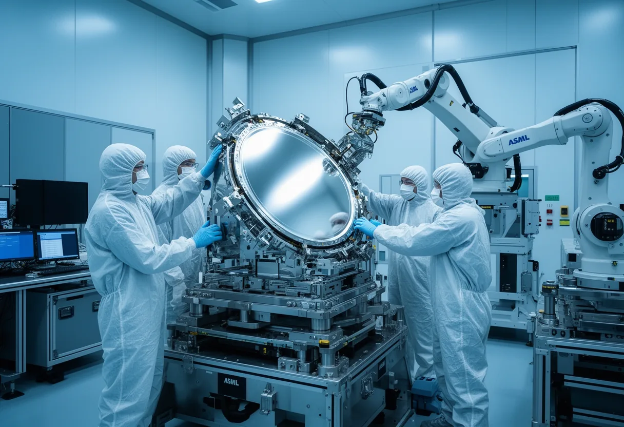 Three individuals in cleanroom attire work on a large, circular mirror with precision tools, highlighting the meticulous process involved in creating one of ASML's most precise mirrors ever made.