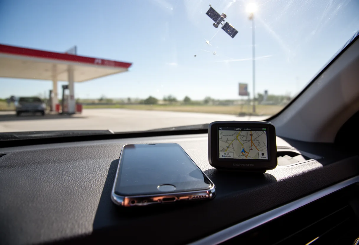 A smartphone displays a map with GPS markers and satellite imagery, illustrating the concept of GPS time dilation.