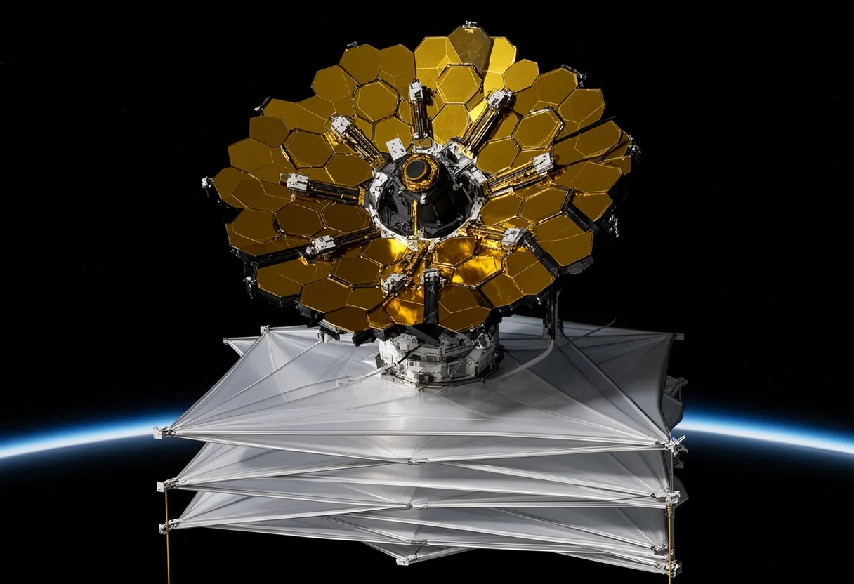 The James Webb Space Telescope's primary mirror, composed of 18 hexagonal segments, is shown perfectly aligned against a backdrop of Earth and clouds, demonstrating its intricate design and advanced engineering.