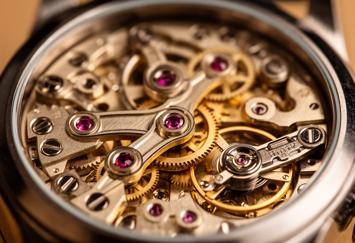 A close-up view of a Swiss watch escapement, showcasing intricate gears and components with precise engineering and craftsmanship.