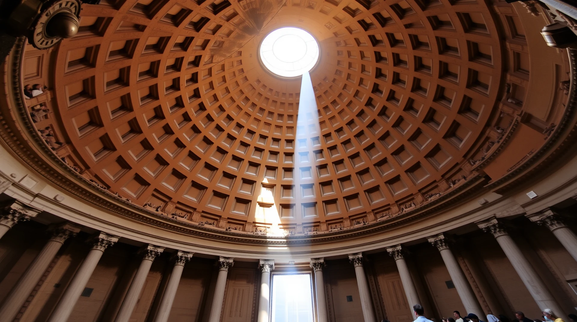 The interior of the Pantheon's iconic dome showcases its architectural grandeur, with a central oculus allowing natural light to flood the space, highlighting the intricate geometric patterns of the Roman concrete structure.