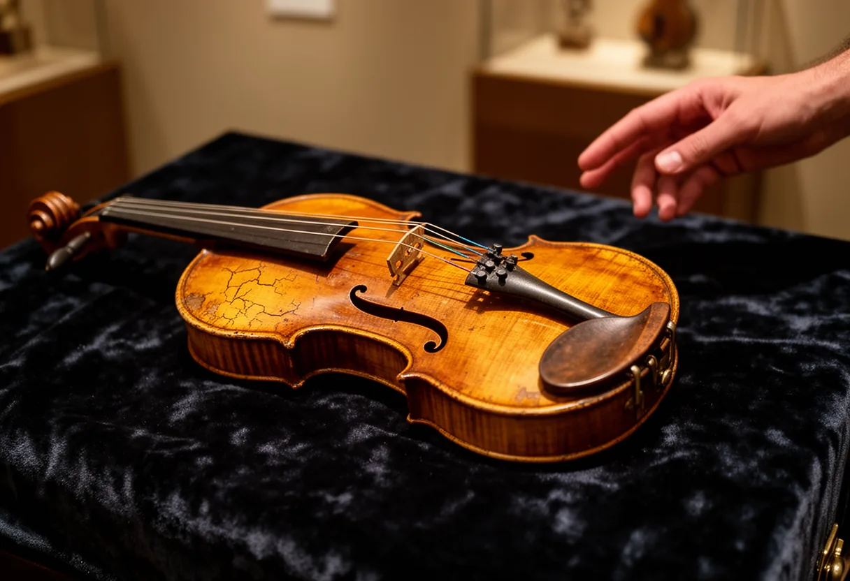 A Stradivarius violin is illuminated against a dark background, highlighting its rich red wood and intricate details.