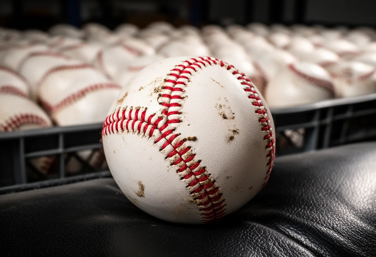 A close-up view of a white baseball with red stitching, highlighting the texture and detail of the leather and thread.