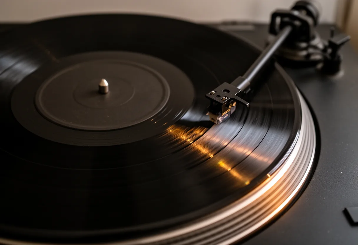 A vinyl record spins on a turntable, illuminated by a warm light that highlights its grooves and label.