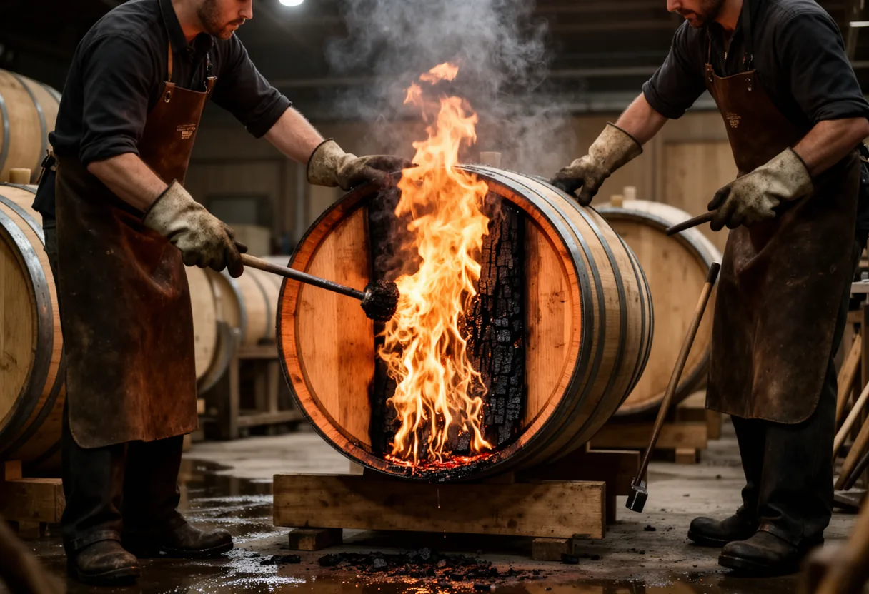 A person stands before an open whiskey barrel, illuminated by the warm glow of flames inside, highlighting the charred wood and the intense heat.