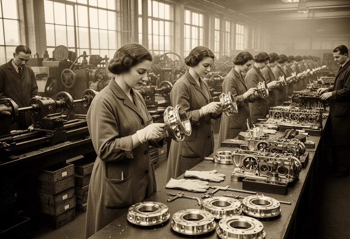 A group of women stands in formation inside a large industrial hangar, with aircraft and machinery visible in the background, illustrating the Gauge Girls of WWII.