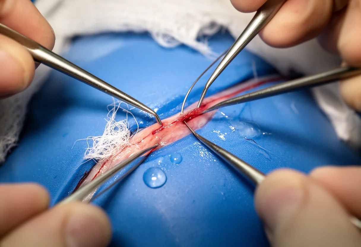 A close-up view reveals a red, blood-filled vessel being manipulated under high magnification, showcasing the precision required in microsurgery.