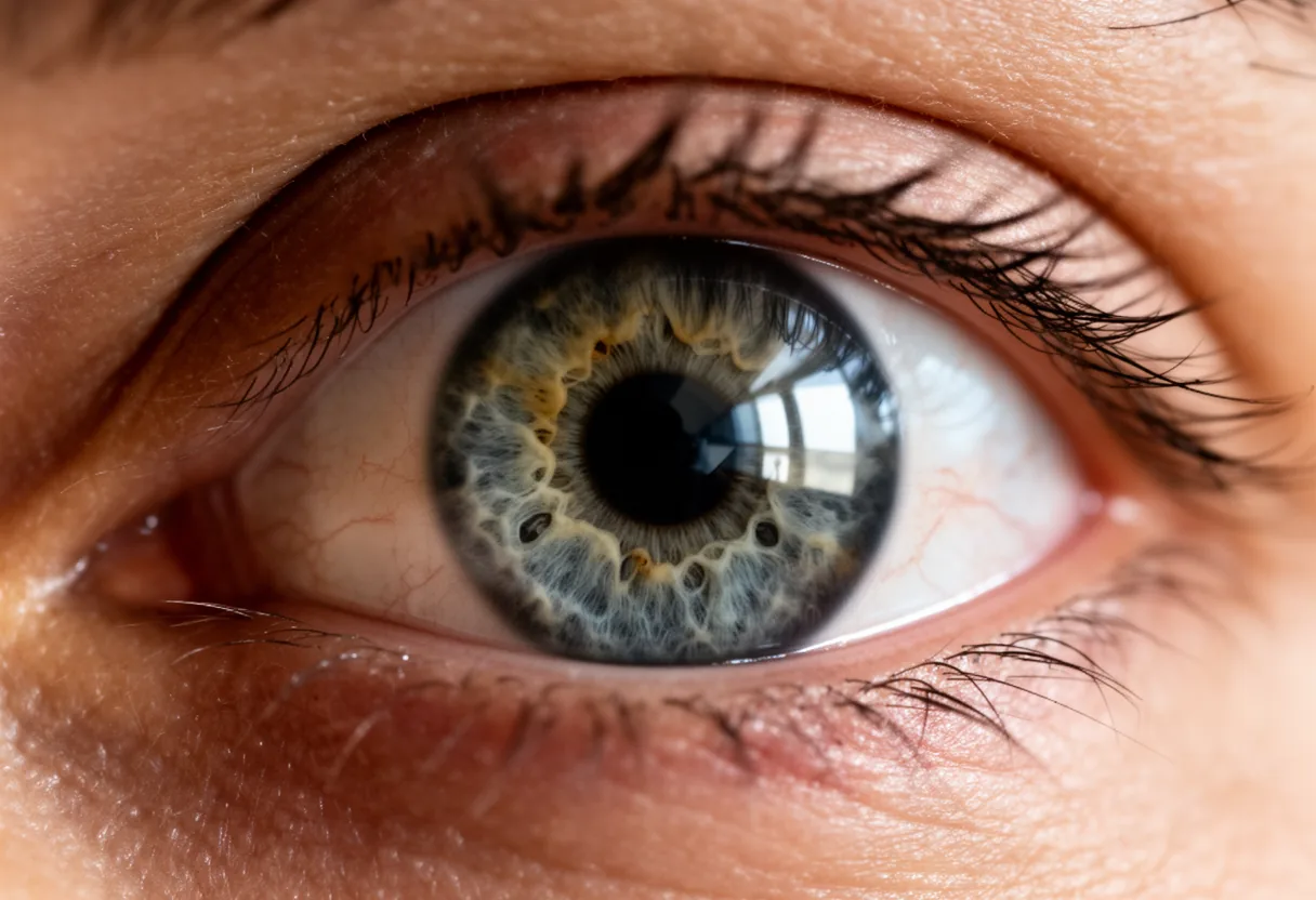 A close-up of a human eye with vibrant, fiery irises and detailed eyelashes, illuminated by a mix of warm and cool lighting.