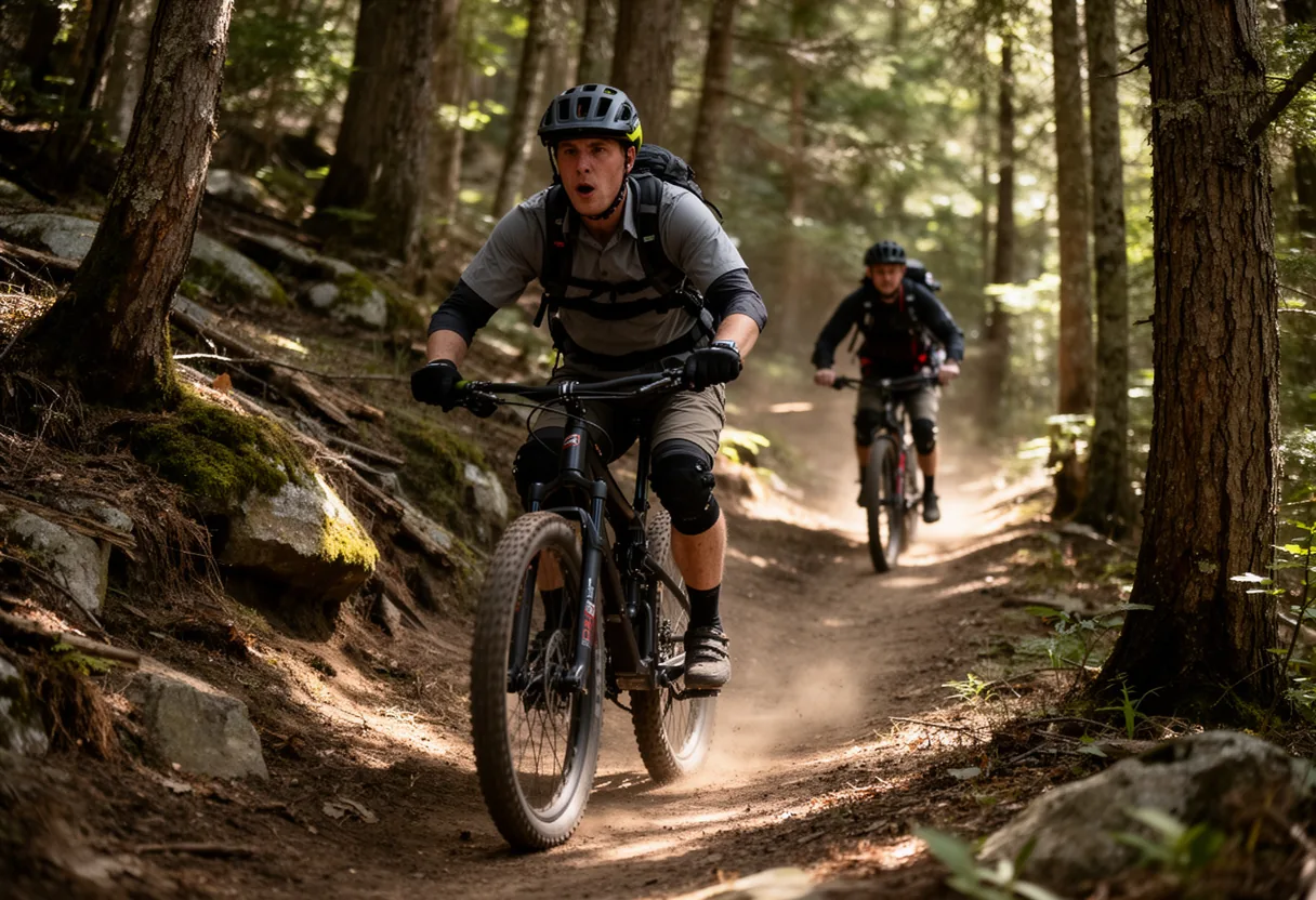 A person wearing an orange shirt and helmet rides a mountain bike through a lush forest trail, surrounded by tall trees and greenery.