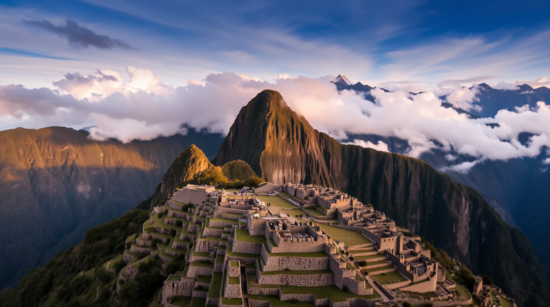 Stone terraces and walls of Machu Picchu rise dramatically from the mountain slopes, showcasing intricate Inca stonework that has endured for centuries.