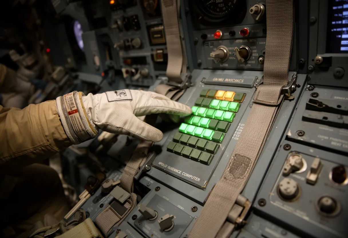 A hand interacts with a vintage computer displaying green numbers, surrounded by illuminated buttons and lights, symbolizing the Apollo era's technological marvels.