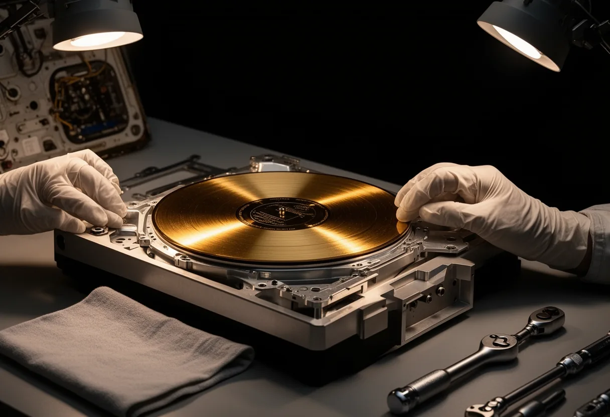 A golden circular disc with intricate engravings and symbols is illuminated against a dark background, symbolizing the Voyager's Golden Record.