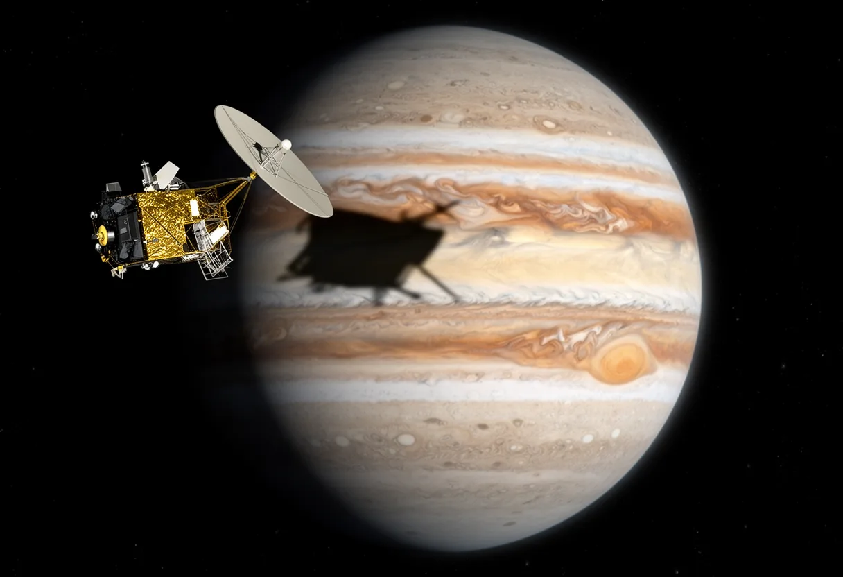 A spacecraft approaches Jupiter, demonstrating the concept of gravity assists in space travel.