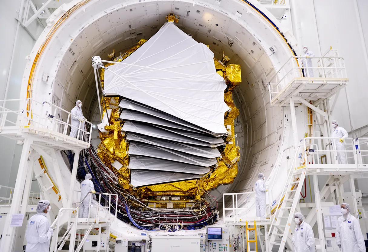 A golden, geometric structure with intricate patterns and reflective surfaces symbolizes the deployment of the James Webb Space Telescope, highlighting its complex and delicate assembly in space.