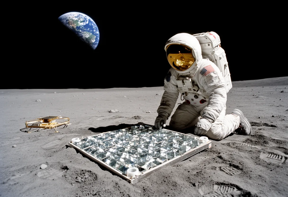 An astronaut in a spacesuit stands beside a lunar laser ranging station on the moon's surface, with Earth visible in the background.
