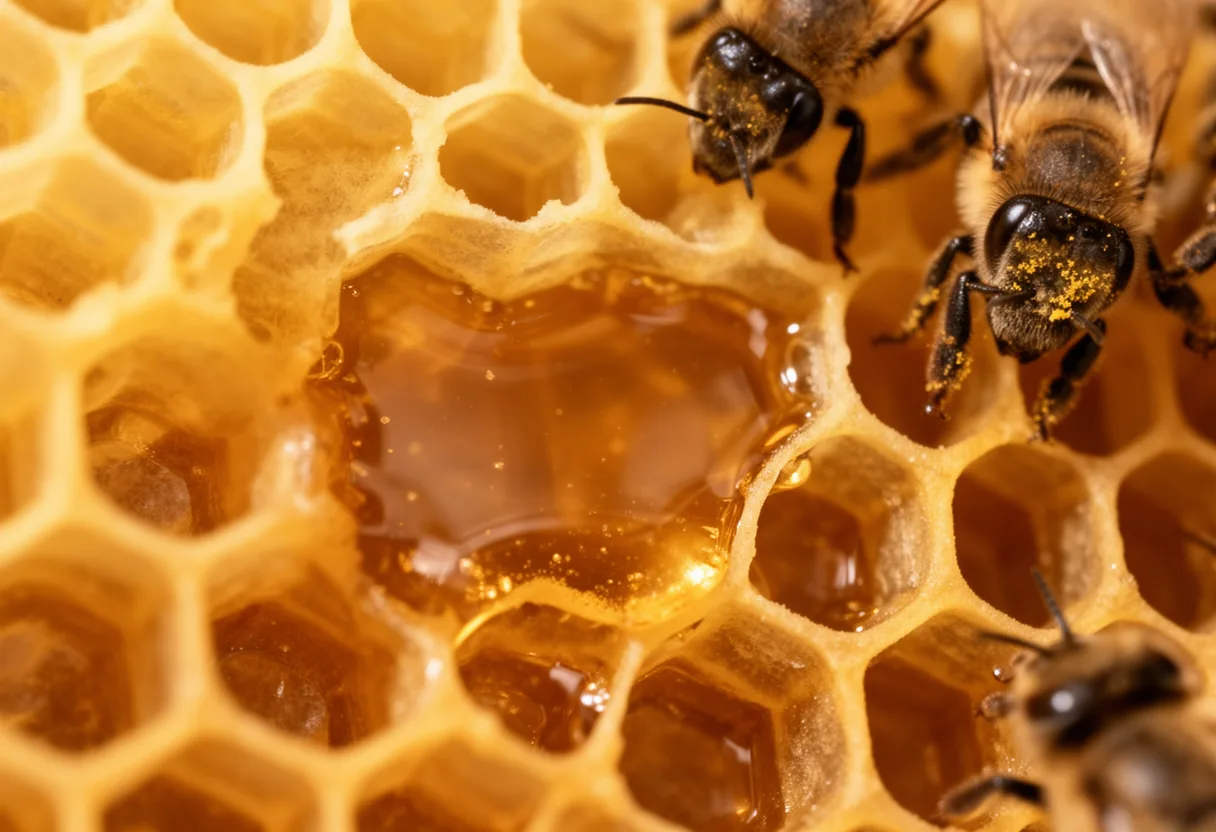 A close-up of a honeycomb with hexagonal cells filled with golden honey, showcasing the intricate geometry and efficiency of bee architecture.