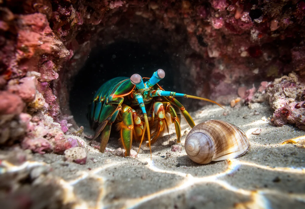 A vibrant mantis shrimp with iridescent colors and large claws is shown in mid-action, seemingly throwing a powerful punch.