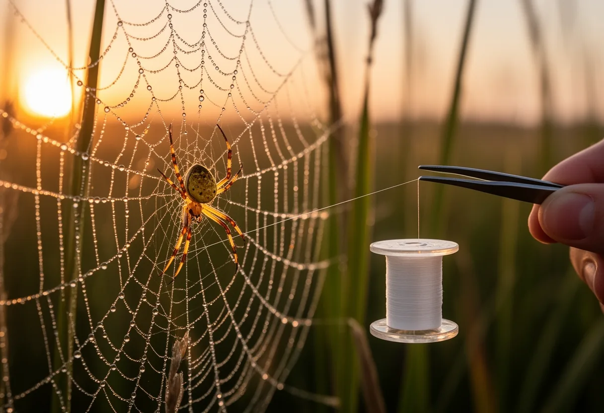 A spider web glistens with dew drops, illuminated by a warm, golden light, showcasing the intricate network of silk strands.