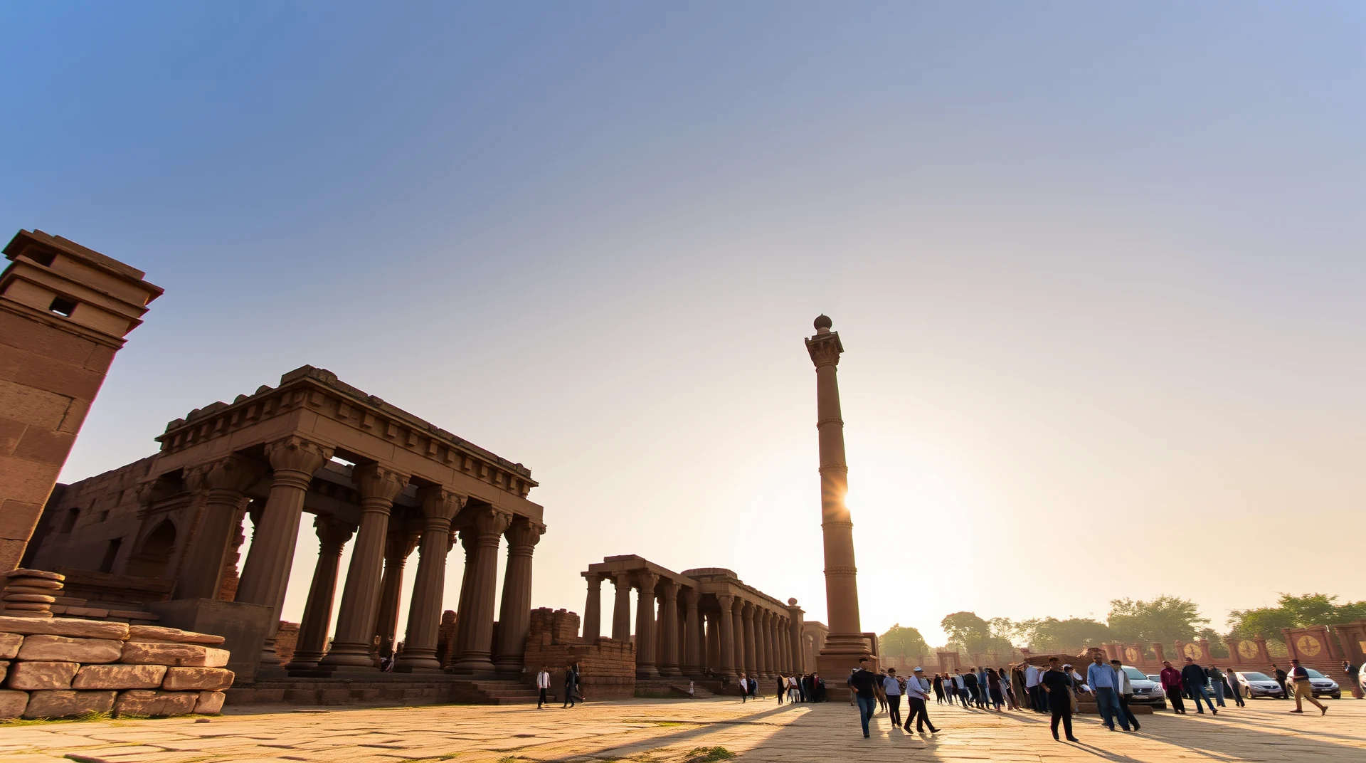 A group of people walks around ancient ruins under a clear sky, with a tall, slender pillar standing prominently in the background.