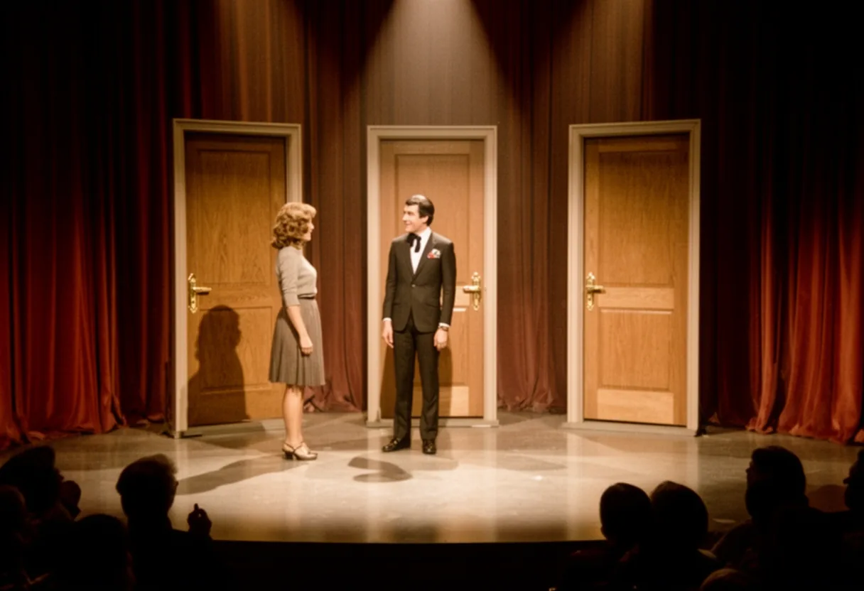 A man stands on a stage with ornate doors behind him, illuminated by spotlights, symbolizing the Monty Hall Problem scenario where choices must be reconsidered based on new information.
