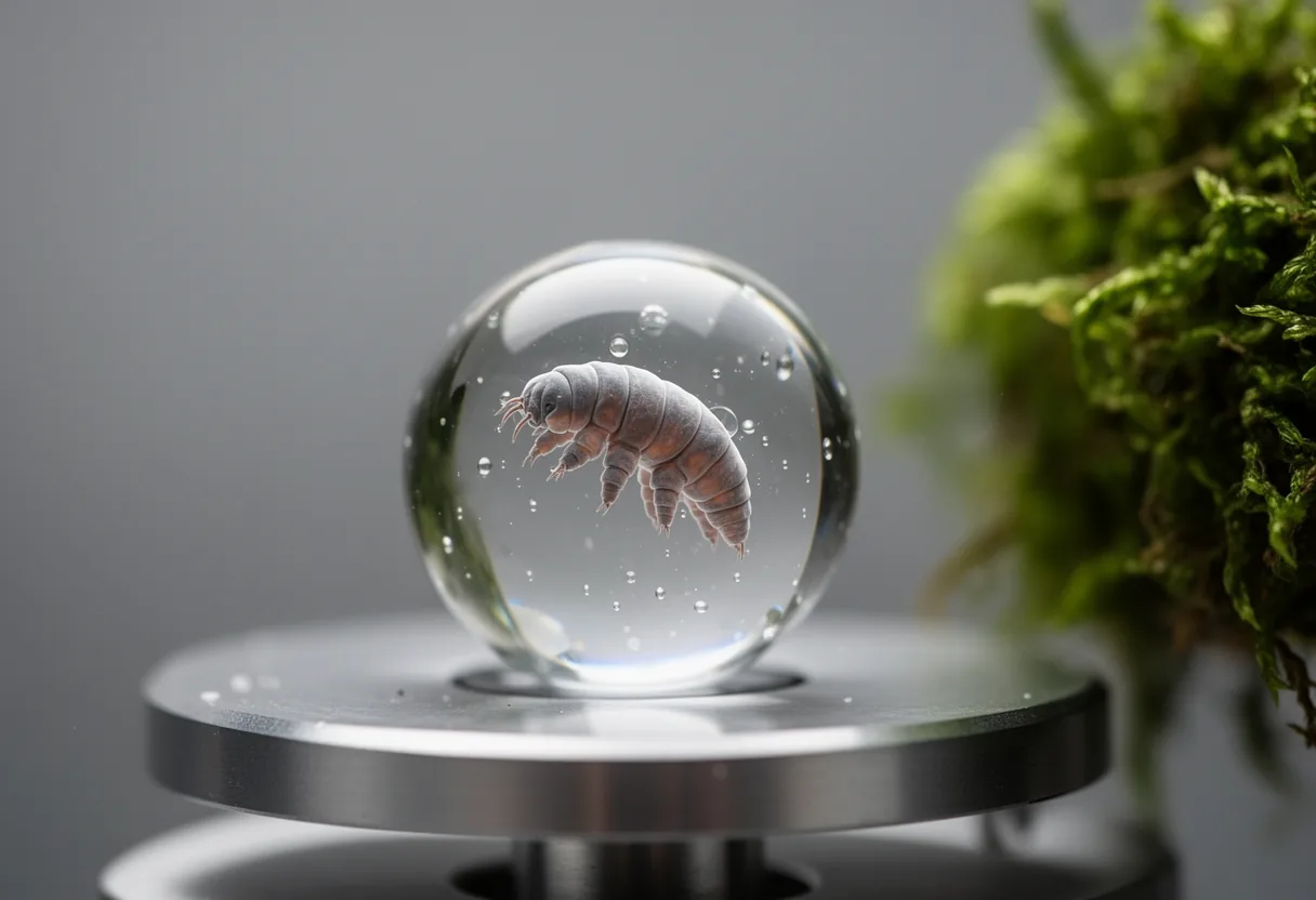 A tardigrade, resembling an orange, eight-legged gummy bear, is encased within a transparent sphere against a dark background.