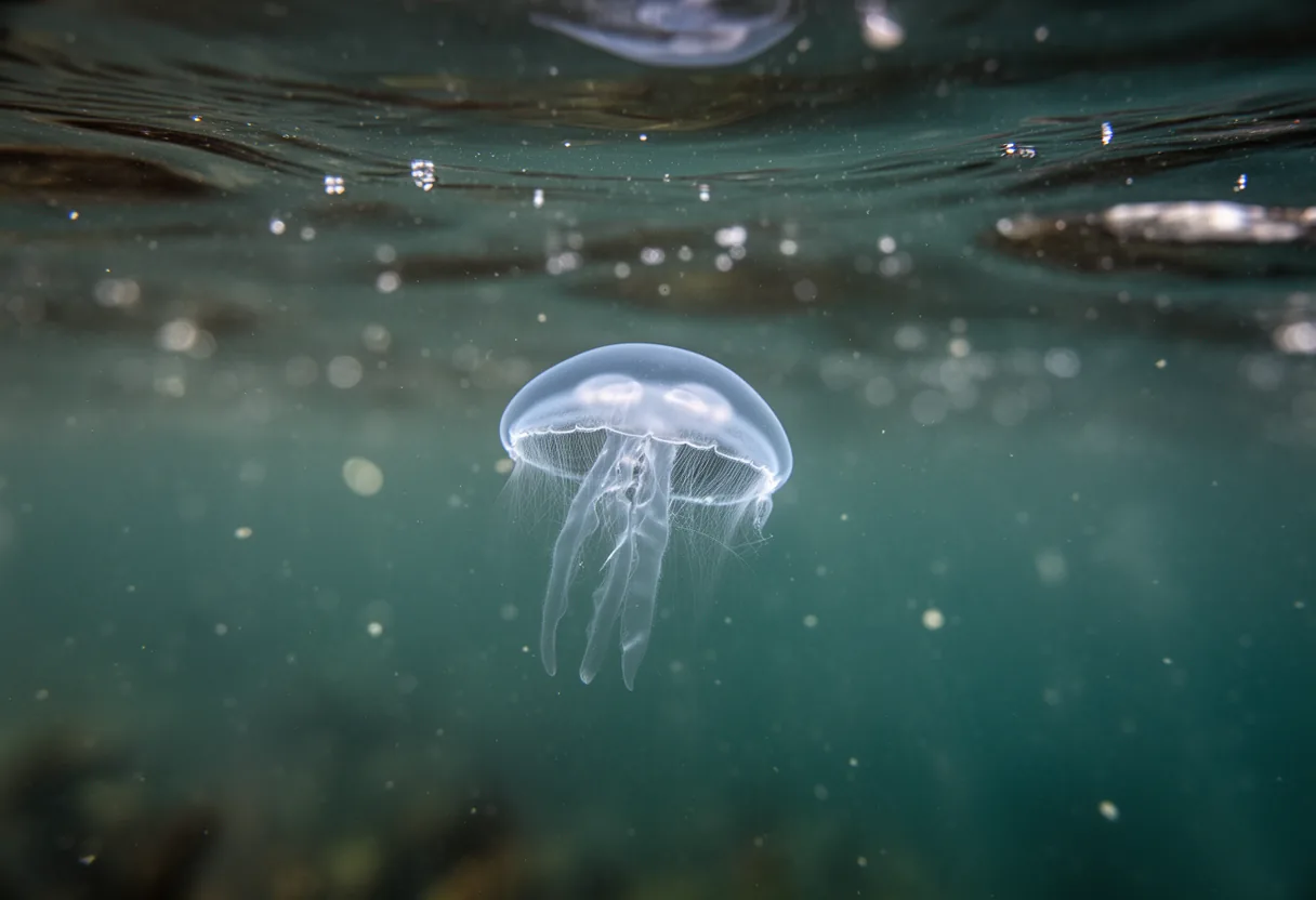 A group of glowing jellyfish with long, delicate tentacles swims gracefully against a deep blue background.