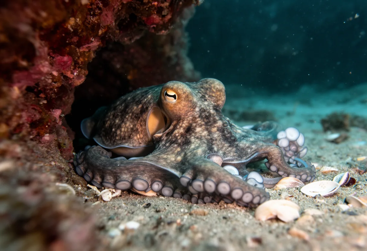 A vibrant red octopus with large, bulging eyes peeks out from a rocky crevice, showcasing its unique appearance and intricate details.