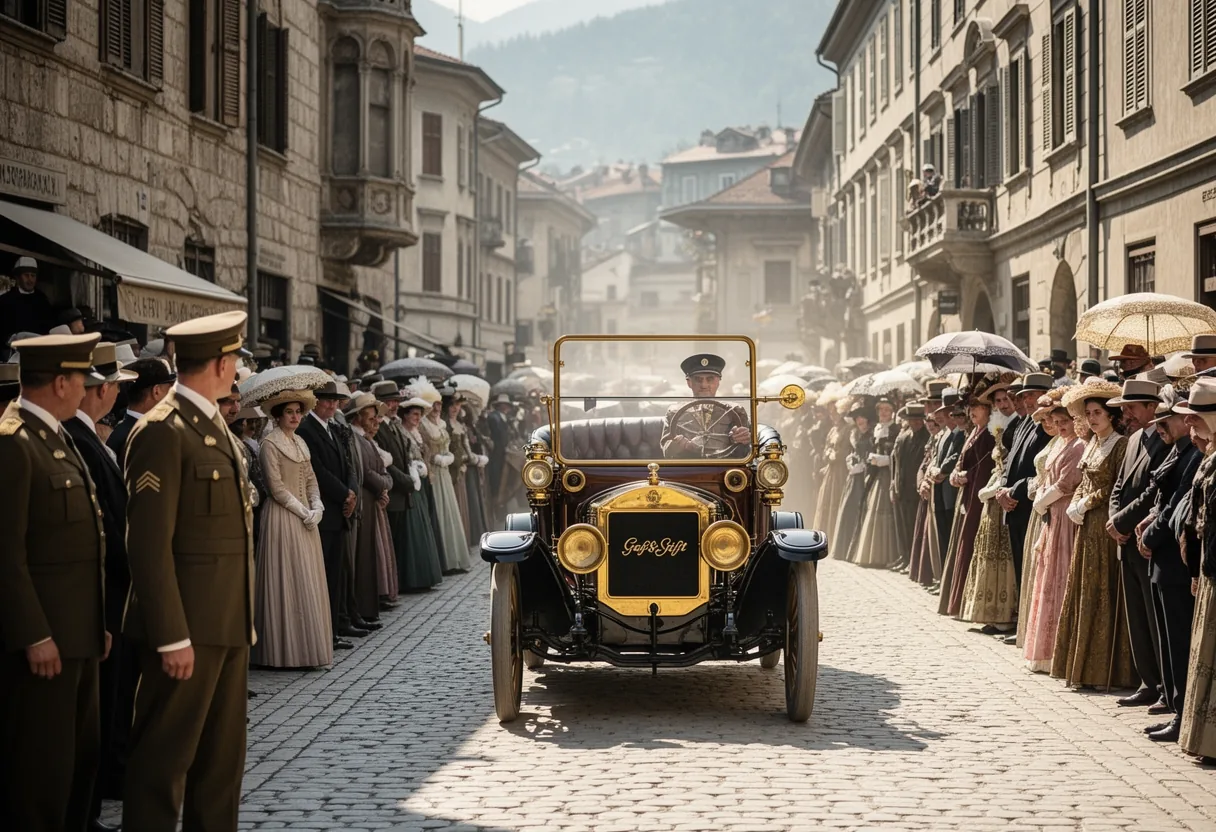 A parade of vintage cars drives down a tree-lined street, with spectators lining both sides waving and holding umbrellas, creating a historical scene reminiscent of early 20th-century events.