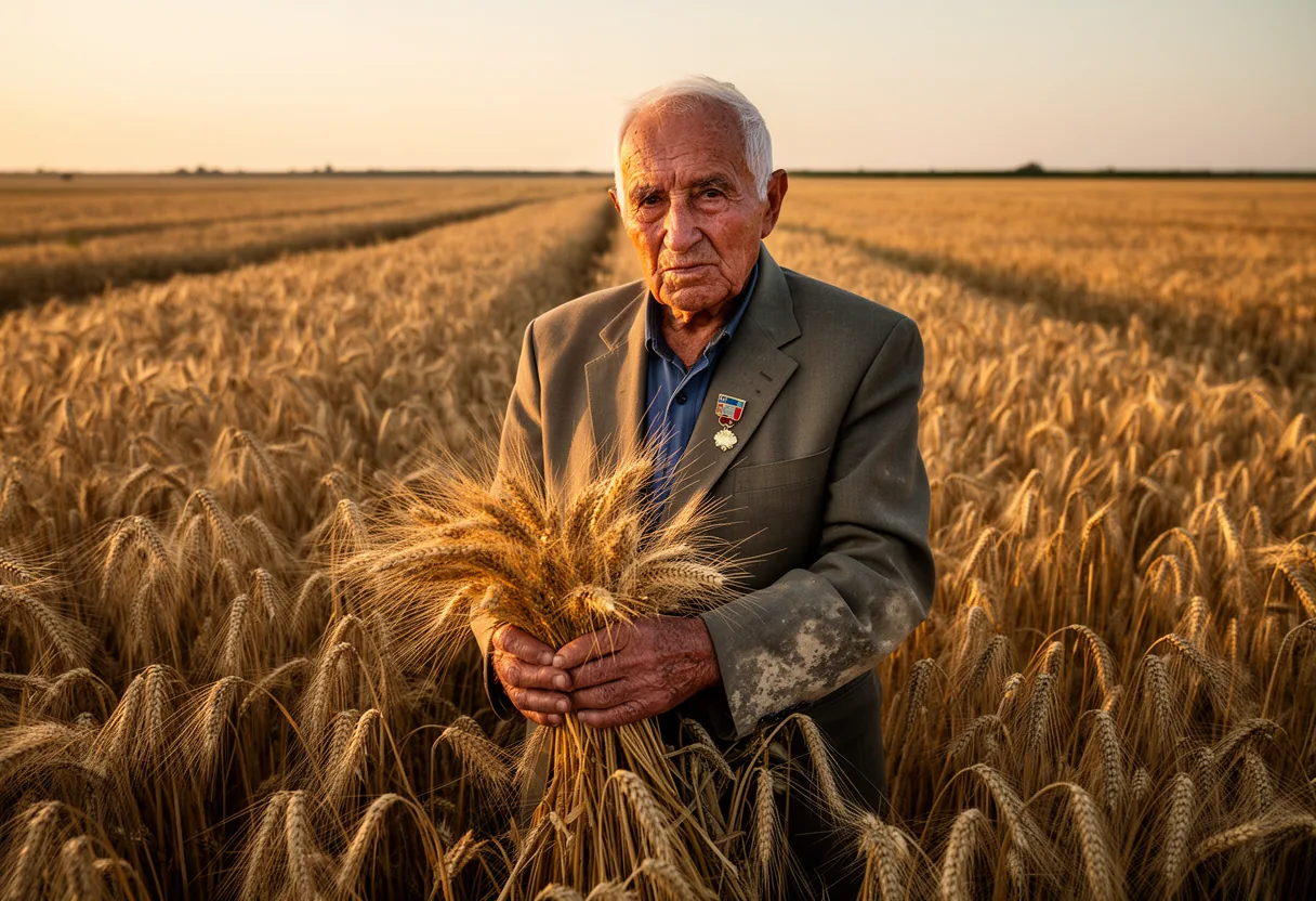 A man stands in a wheat field at sunset, wearing a medal around his neck, symbolizing his contributions to agriculture and food security.
