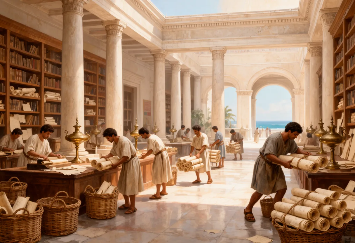 A group of people walks along a paved path in front of the Library of Alexandria, a large, classical building with columns and a dome, under a clear blue sky.