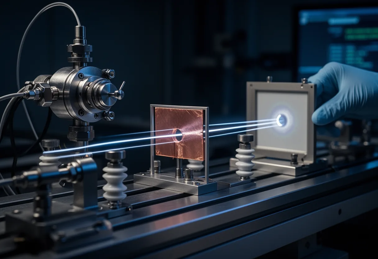 A bright blue light source emits beams that create an intricate interference pattern on a screen, demonstrating the double-slit experiment's principles.
