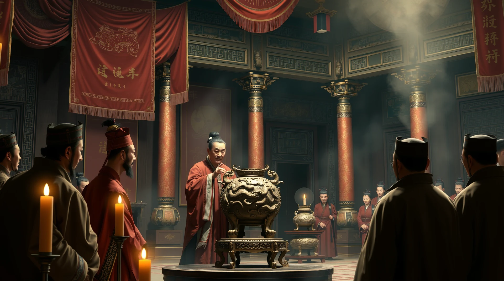 A group of individuals in traditional attire stands around a large, ornate bronze object resembling a seismoscope, with red banners and candles adding to the ceremonial atmosphere.