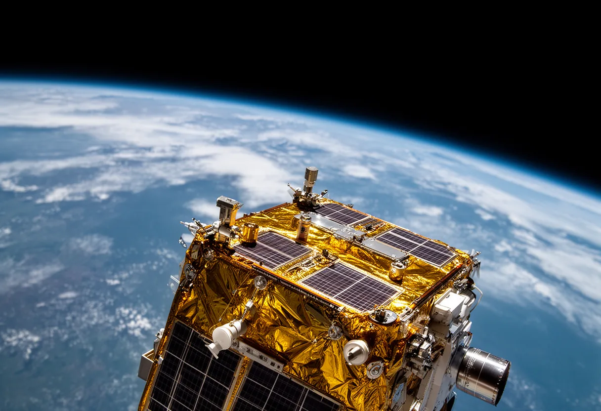 The image shows two satellites orbiting Earth, with glowing lines connecting various locations on the planet's surface, illustrating the concept of time dilation in space.