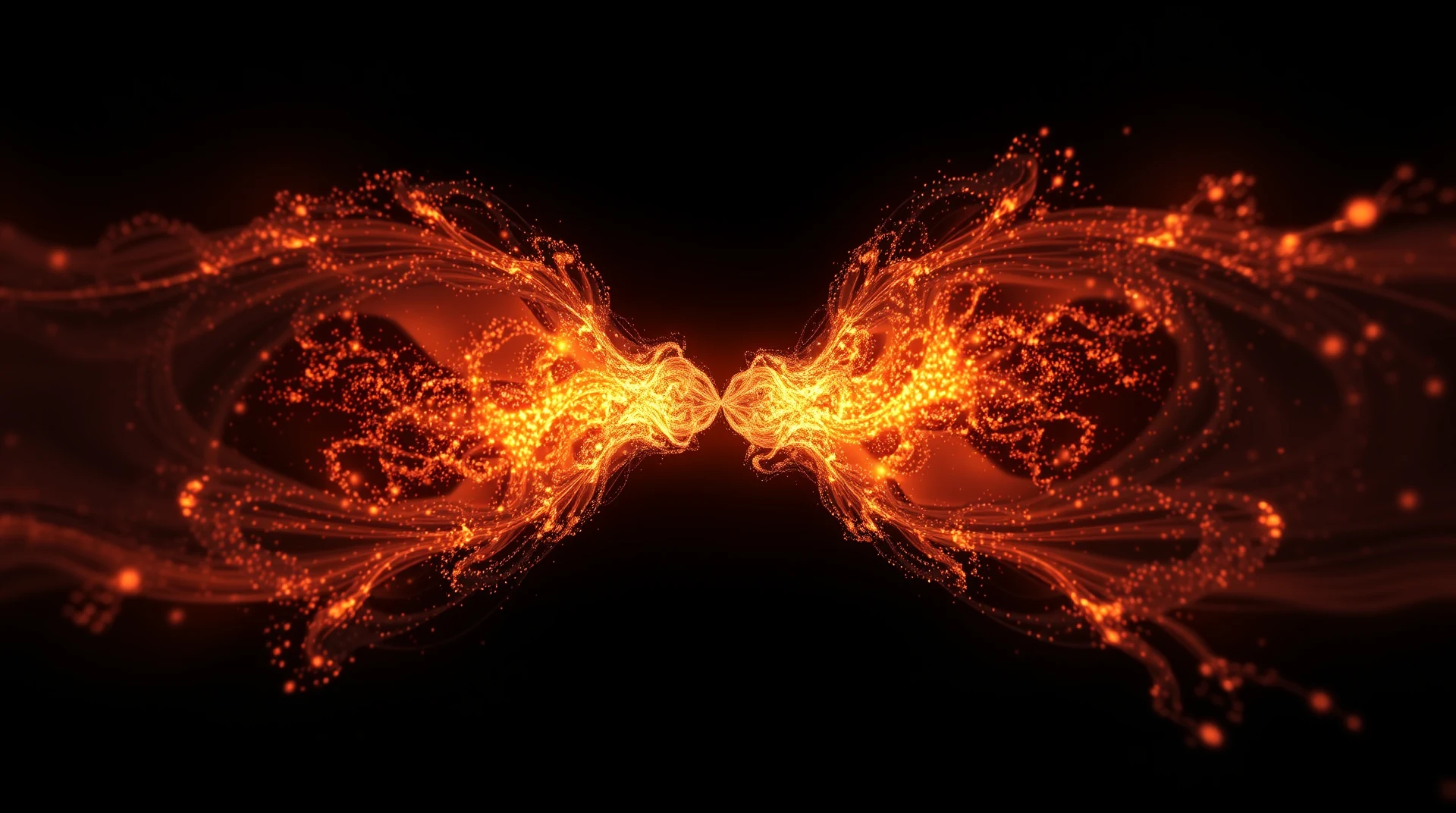 Two glowing orange particles entwined symmetrically against a dark background, symbolizing quantum entanglement.